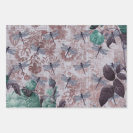 Drachenfliege und Lila Blumensprint Geschenkpapier Set
