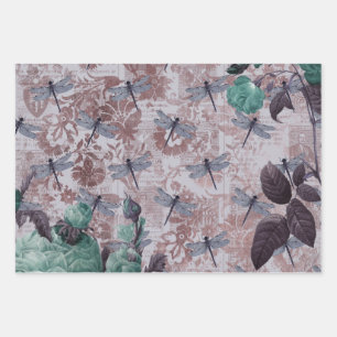 Drachenfliege und Lila Blumensprint Geschenkpapier Set