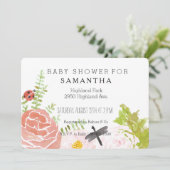 Drachenfliegen Rose Wasserfarben-Garten Babydusche Einladung (Stehend Vorderseite)