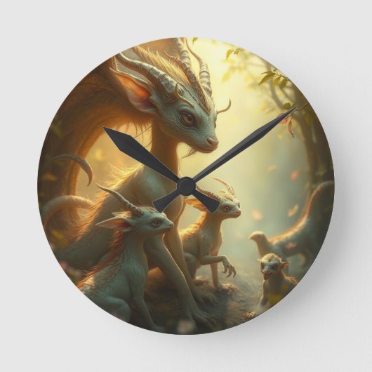 „Drachenmutter im goldenen Wald“ Runde Wanduhr (Vorderseite)