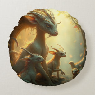 „Drachenmutter im goldenen Wald“ Rundes Kissen