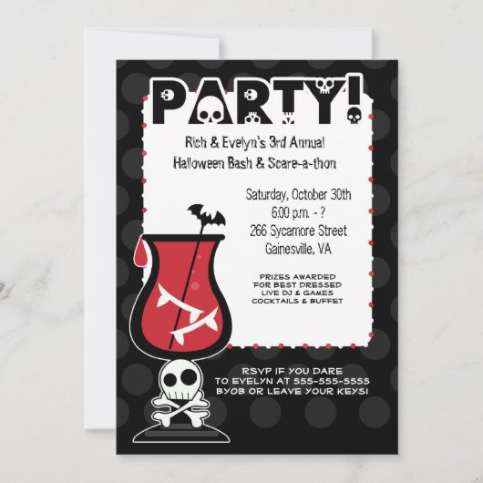 Dracula Cocktail Skulls Erwachsene Halloween-Party Einladung (Vorderseite)