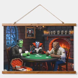 DRACULA & FRANKENSTEINS HALLOWEEN-MONSTER-POKER WANDTEPPICH MIT HOLZRAHMEN
