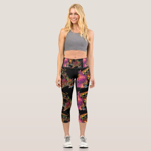 DRAGO Fantasy Dragon in Schwarz Rosa Lila Capri Leggings (Vorderseite)