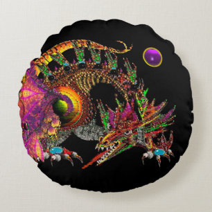 DRAGO/FANTASY GOLD DRAGON, LILA SCHWARZMONOGRAMM RUNDES KISSEN