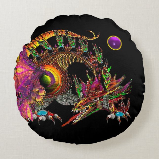 DRAGO/FANTASY GOLD DRAGON, LILA SCHWARZMONOGRAMM RUNDES KISSEN (Vorderseite)