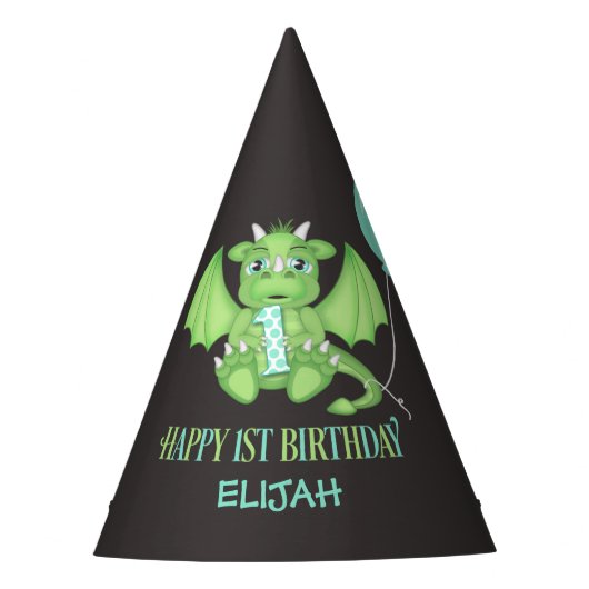 Dragon 1st Birthday Paper Party hat Personalisiert Partyhütchen (Vorderseite)