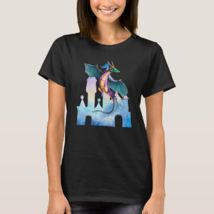 Dragon and Castle Watercolor Fantasy Mythical Myst T-Shirt