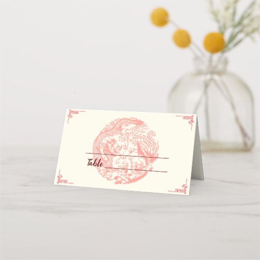 Dragon and Phoenix beige red chinese wedding Platzkarte (Vorderseite)