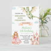 Dragon and princess Birthday Party Invitation Einladung (Stehend Vorderseite)