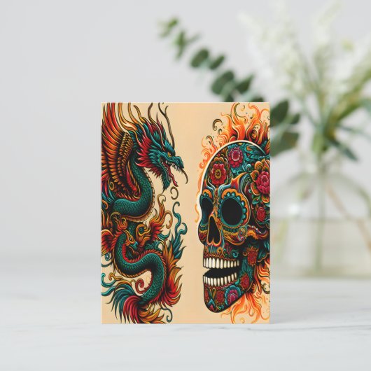 Dragon and Sugar Skull Day of the Dead Art Postkarte (Stehend Vorderseite)