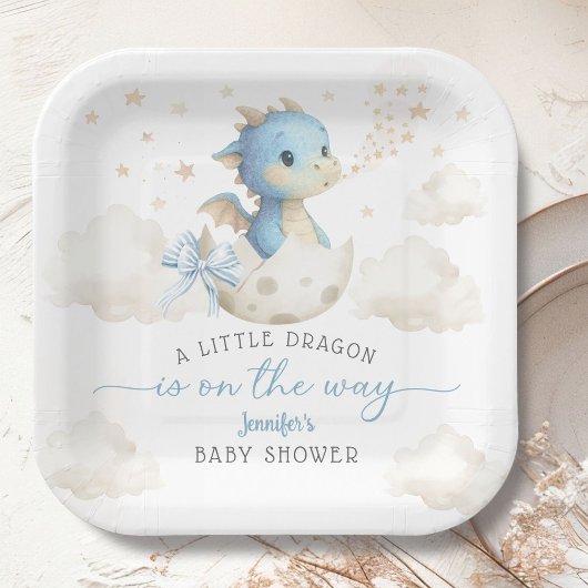 Dragon Baby Shower Boy Blue Cute Dragon Pappteller