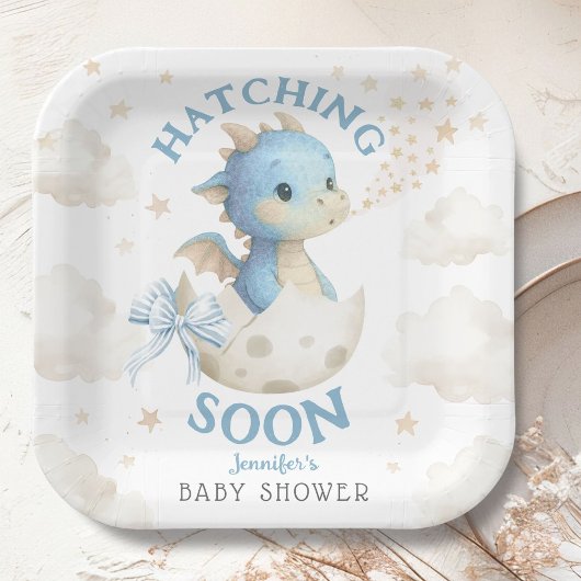 Dragon Baby Shower Boy Blue Hatching Soon Pappteller
