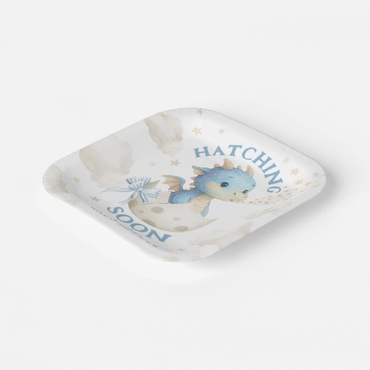 Dragon Baby Shower Boy Blue Hatching Soon Pappteller (Gewinkelt)