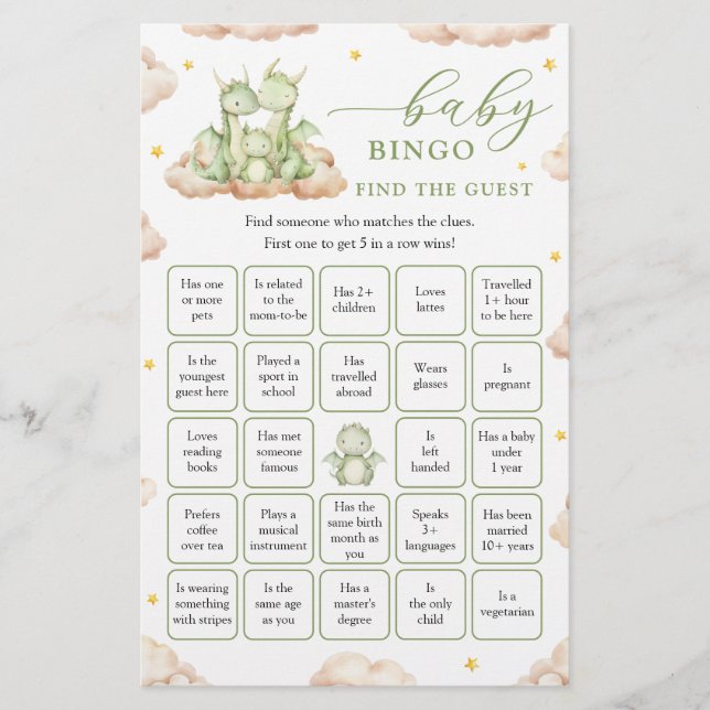 Dragon Baby Shower Finden Sie das Bingo Game (Vorderseite)