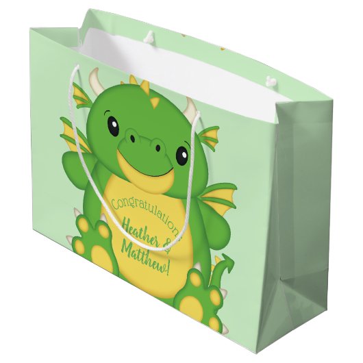 Dragon Baby Shower Green Große Geschenktüte (Rückseite Schrägansicht)