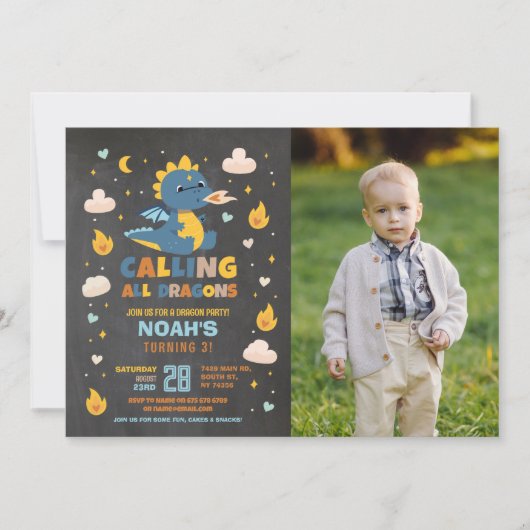 Dragon Birthday Party Blue Foto Dragons Boy Chalk Einladung (Vorderseite)