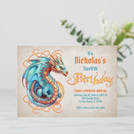 Dragon Birthday Party Einladung (Stehend Vorderseite)