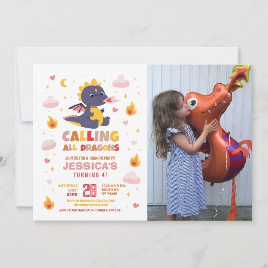 Dragon Birthday Party Rosa Feuer Drachen Mädchen Einladung (Vorderseite)