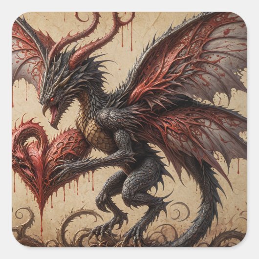 Dragon Bleeding Herz Dunkle Fantasie Quadratischer Aufkleber (Vorderseite)