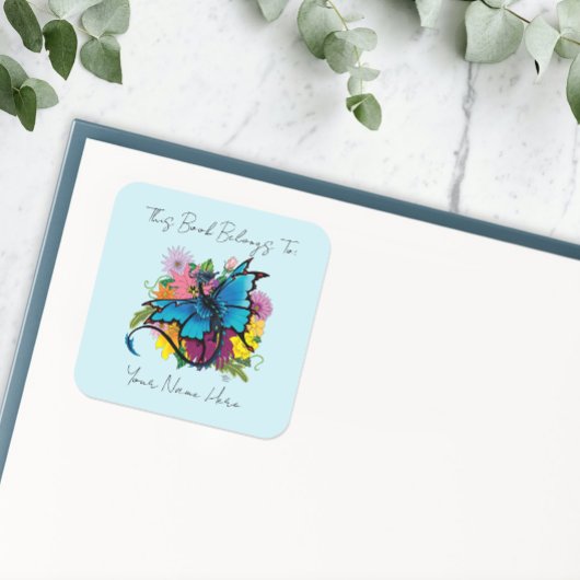 Dragon Blue Butterfly Blume Buchzeichen Quadratischer Aufkleber