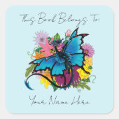 Dragon Blue Butterfly Blume Buchzeichen Quadratischer Aufkleber (Vorderseite)