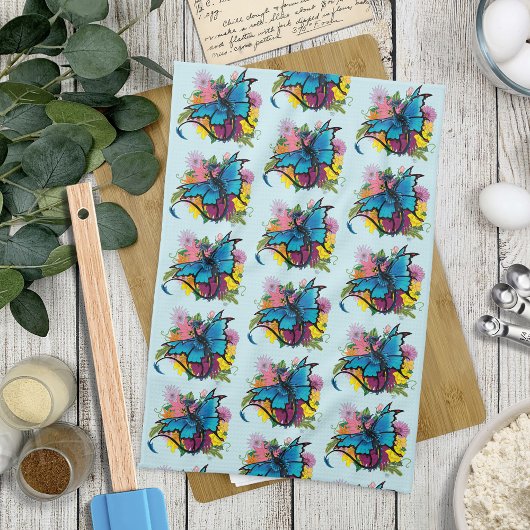 Dragon Blue Butterfly Blume Geschirrtuch