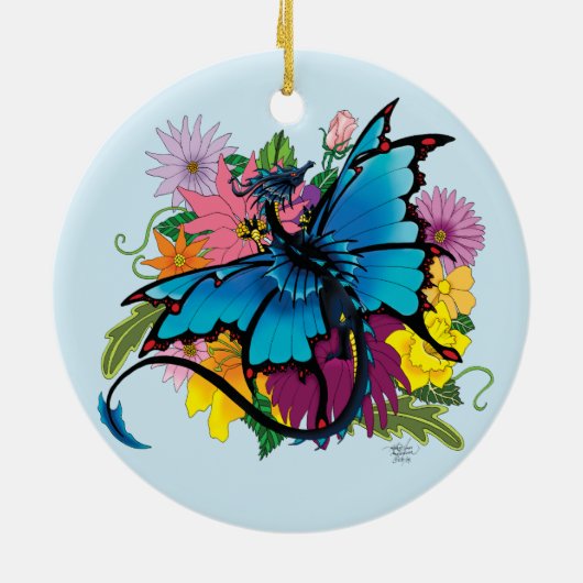 Dragon Blue Butterfly Blume Keramik Ornament (Hinten)