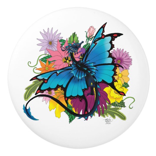 Dragon Blue Butterfly Blume Keramikknauf (Vorderseite)