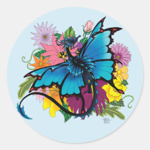 Dragon Blue Butterfly Blume Runder Aufkleber