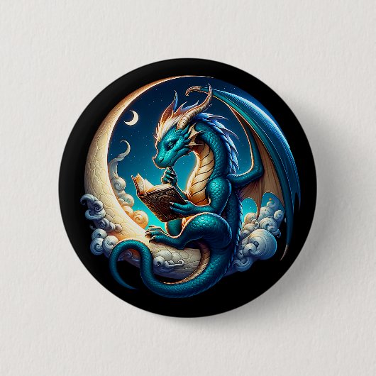 Dragon Bookworm, Moonlight Reading T-Shirt Button (Vorderseite)