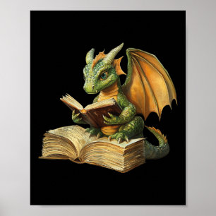Dragon Bookworm Reading Book Funny Graphic Poster