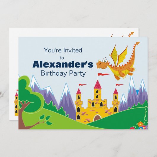 Dragon & Castle Personalisierter Geburtstag Einlad Einladung (Vorne/Hinten)