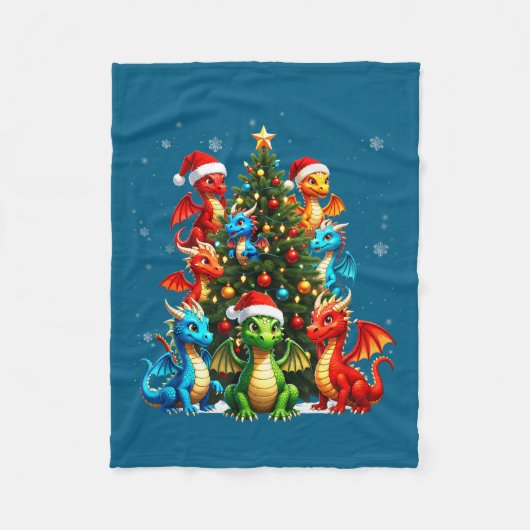 Dragon Christmas Tree Squad Santa Hat Fantasy Myth Fleecedecke (Vorderseite)