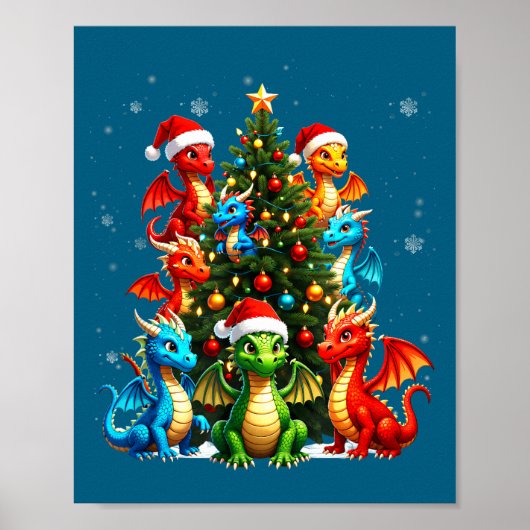 Dragon Christmas Tree Squad Santa Hat Fantasy Myth Poster (Vorne)