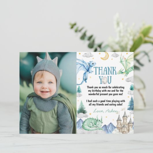 Dragon Cute Boy Birthday Watercolor Dankeskarte (Stehend Vorderseite)