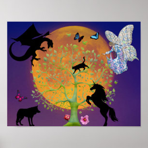 Dragon Fairy Unicorn Fantasiebaum und Vollmond Poster