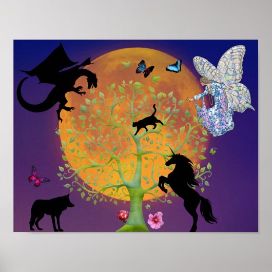 Dragon Fairy Unicorn Fantasiebaum und Vollmond Poster (Vorne)
