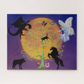 Dragon Fairy Unicorn Fantasiebaum und Vollmond Puzzle (Horizontal)
