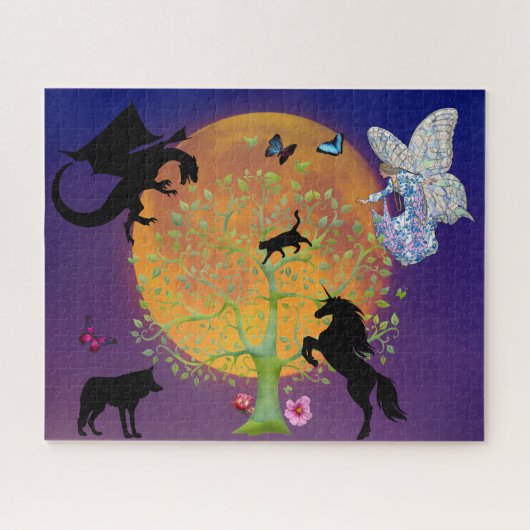 Dragon Fairy Unicorn Fantasiebaum und Vollmond Puzzle (Horizontal)