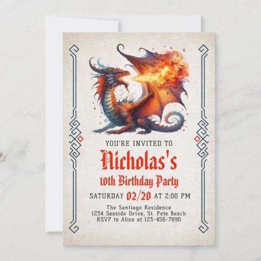 Dragon Fire Fantasy Birthday Einladung (Vorderseite)