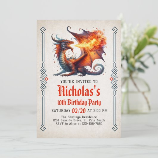 Dragon Fire Fantasy Birthday Einladung (Stehend Vorderseite)