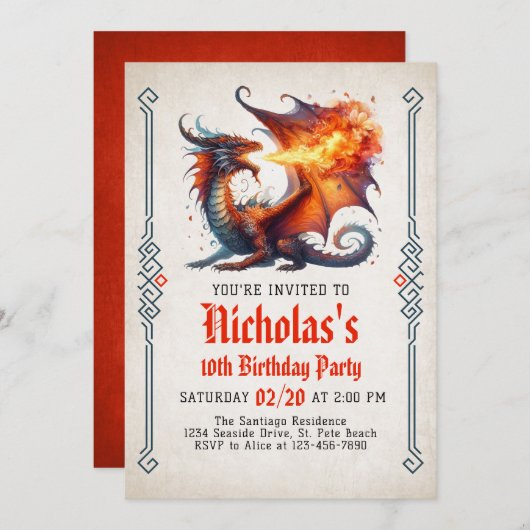 Dragon Fire Fantasy Birthday Einladung (Vorne/Hinten)