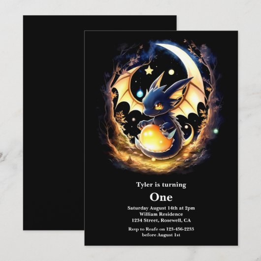 Dragon First Birthday Einladung (Vorne/Hinten)
