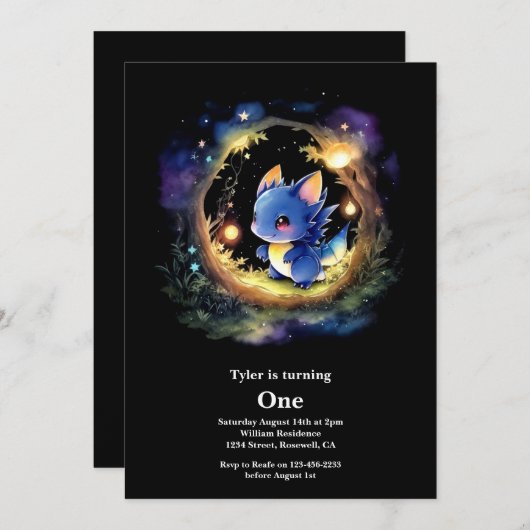 Dragon First Birthday Einladung (Vorne/Hinten)