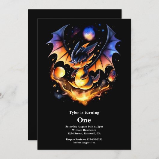 Dragon First Birthday Einladung (Vorne/Hinten)