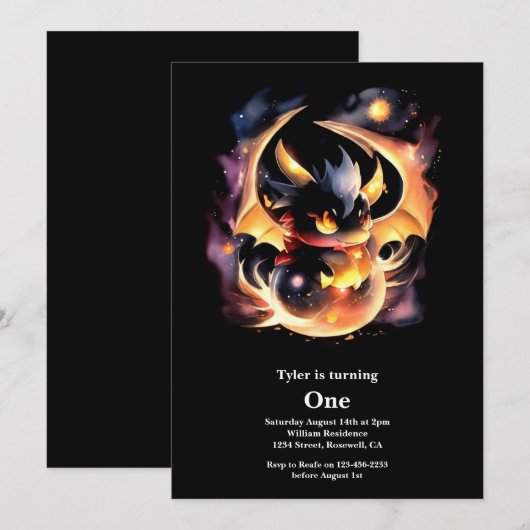 Dragon First Birthday Einladung (Vorne/Hinten)