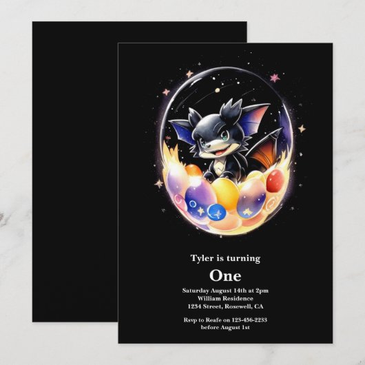 Dragon First Birthday Einladung (Vorne/Hinten)