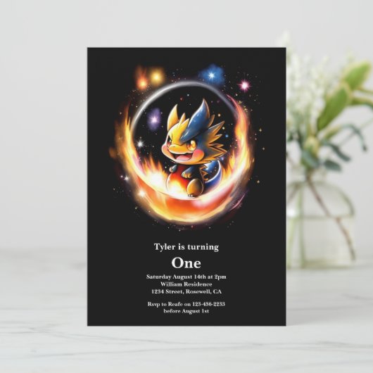 Dragon First Birthday Einladung (Stehend Vorderseite)