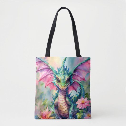 Dragon Floral Pink und Green Watercolor Tasche (Vorderseite)